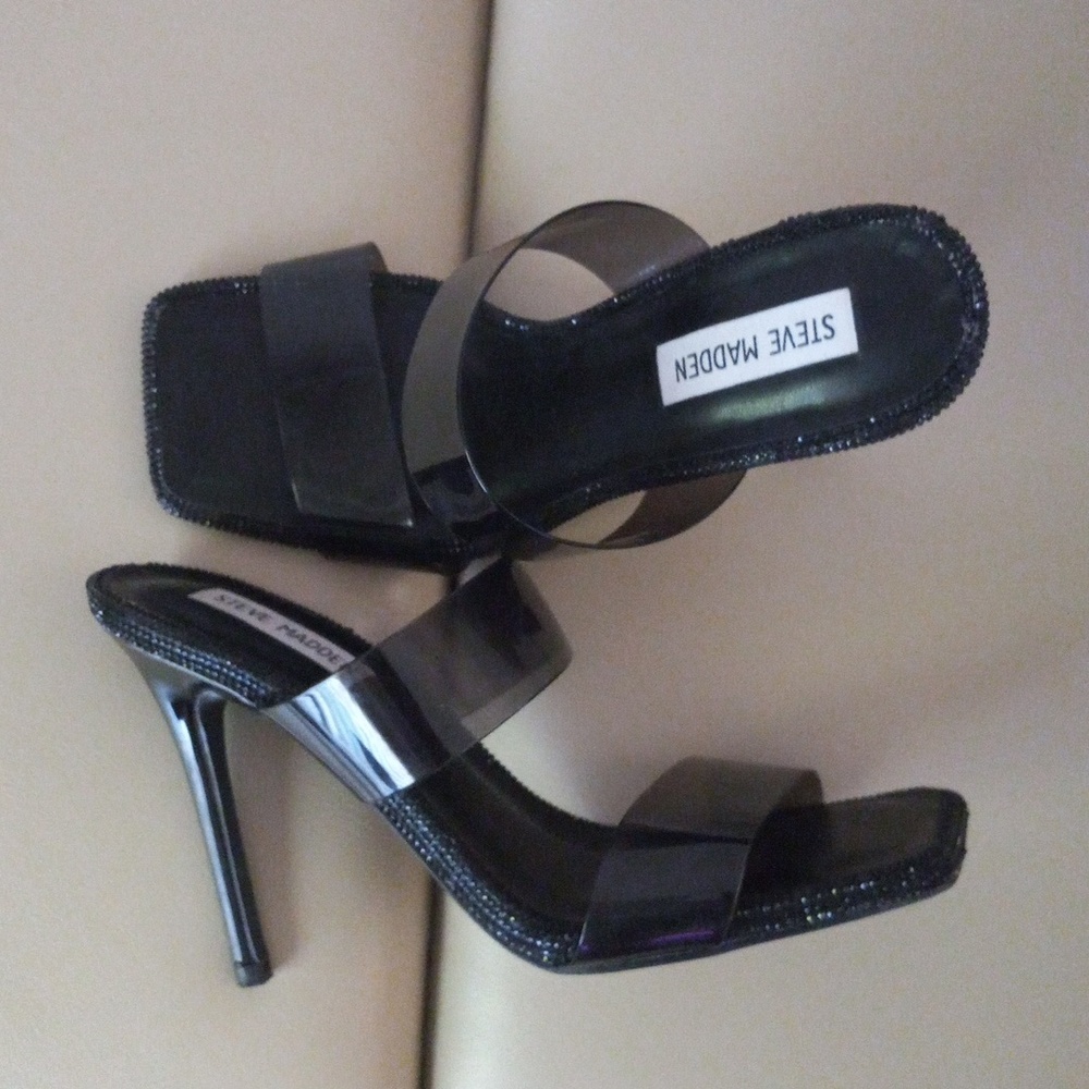 Steve Madden Black Embellished  Double-Strap Square-Toe Mule Heels Size 8.5